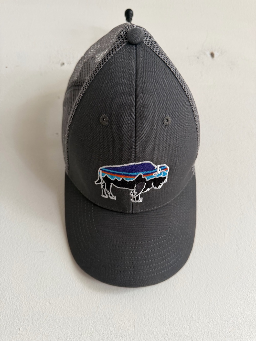 Patagonia Gray Trucker Hat with Colorful Buffalo Patch